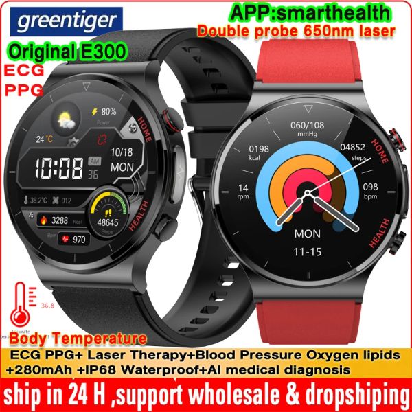 Regardez l'original E300 Smart Watch ECG Tracker de température corporelle Laser Thérapie Hypertenue Pression de l'oxygène Lipides de sang AI Medical Smartwatch