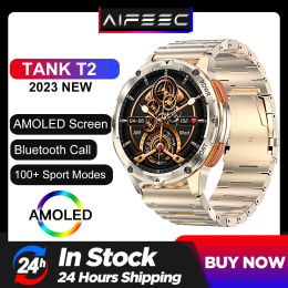 Bekijkt originele tank T2 Smart Watch voor mannen Bluetooth Oproep Amoled SmartWatch Fitness Tracker 100+ Sport Modi Heren Waterdichte horloges