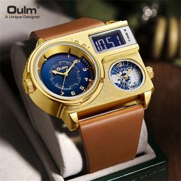 Relojes Oulm 5026 Nueva pantalla dual Reloj deportivo con dos zonas horarias Reloj de cuarzo con esfera grande para hombre Horas Reloj de pulsera con correa de cuero genuino para hombre