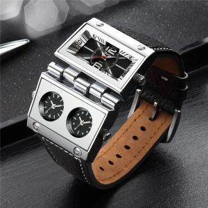 Montres Oulm 9525 grande conception Unique montre masculine trois fuseaux horaires uniques montres militaires pour hommes Style Punk bracelet en cuir montre-bracelet