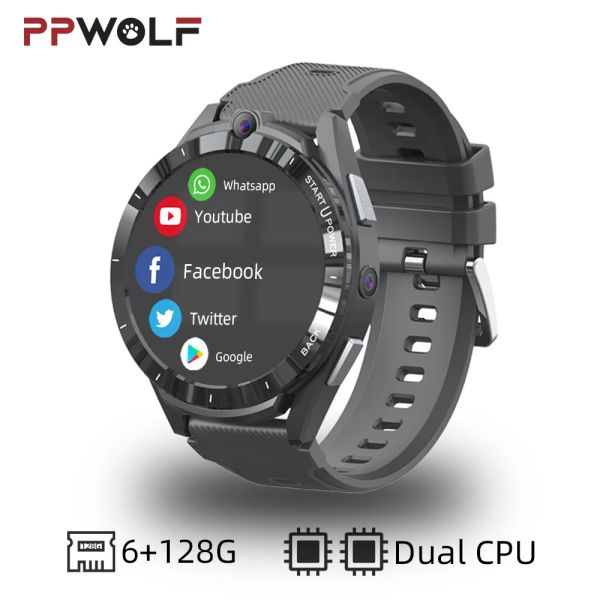 Montres PPWolf 2023 Nouveau 4G LTE Android Smart Watch 6 + 128G Dual CPU SIM Card Slot WiFi App Download GPS Navigation Camera Smartwatch Man