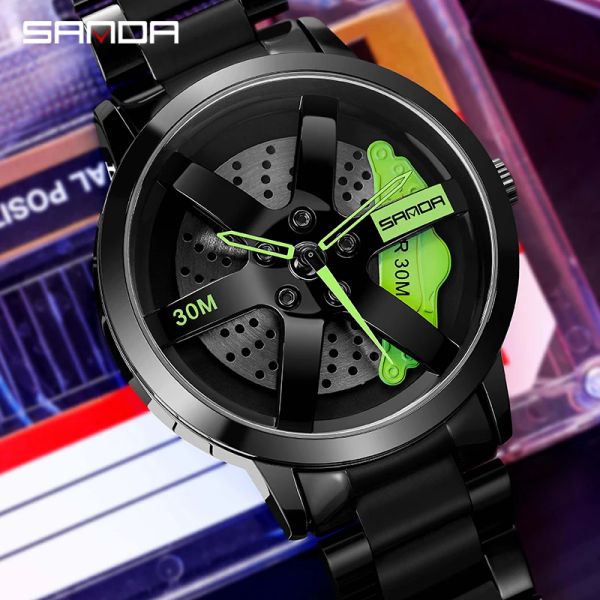 Montres Regarder Sanda Mens Watch Rim Hub Watch Wheel Wristwatch Clock Sport Car Creative 360 ° Spinning Men Wrist montre Reloj de Hombre