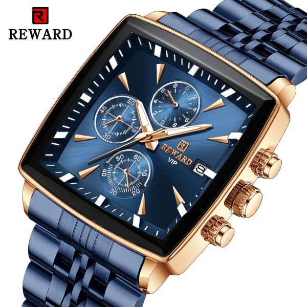 Relojes de recompensa para hombre, relojes de pulsera de cuarzo rectangulares azules, reloj de negocios, manecillas luminosas, reloj resistente al agua para hombre