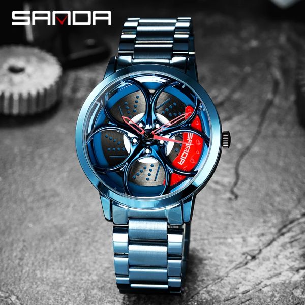 Regardez Sanda Men's Custom Design Rim Wheel Watch Super Car Rim Wheel étanche Imperméable Créatif en acier inoxydable MONTRE MENS REGOLIO MASCULO