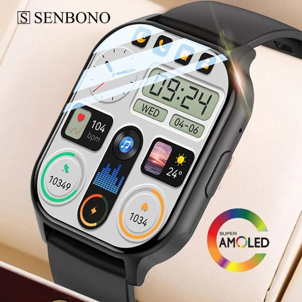 Regardez Senbono 2.04 '' AMOLED SMART SMART Watch Men Women Femmes Bluetooth Call Fitness Tracker Sport Sport Sport Smartwatch Men pour iOS Xiaomi