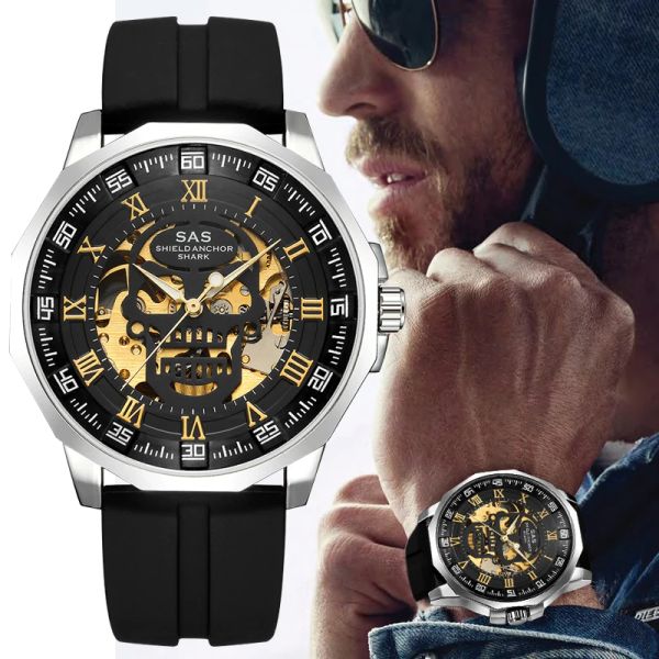 Relojes Sports Sports Watch Mods Fashion 3d Diseño de calavera SAS Anchor Vintage Mecánico Relojes Strap Strap Skeleton Wirstwatch