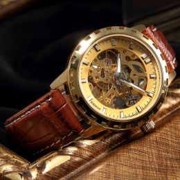 Montres Shenhua Mens Watch Skeleton Automatique mécanique Luxury Golden Leather Horloge Male Corloge de bracelet