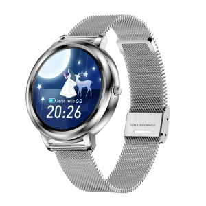 Bekijkt Silver Steel Strip Round Lady Sports Smart Watch -calorieën verbrand Health Fitness Tracker Nieuwe smartwatch