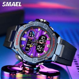 Montres Smael Dual Time Display Watch Men Imperpaining Electronic Digital Quartz Quartz Wrist Wrist with Purple Dial Chronograph Date ALARM 8066
