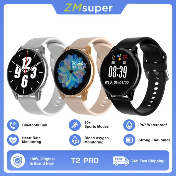 Regardez T2 Pro Smart Watch Bluetooth Call Ladies Harring Hyperper Pressure Survering Sport Fitness Gift Smartwatches IP67 Imperproof