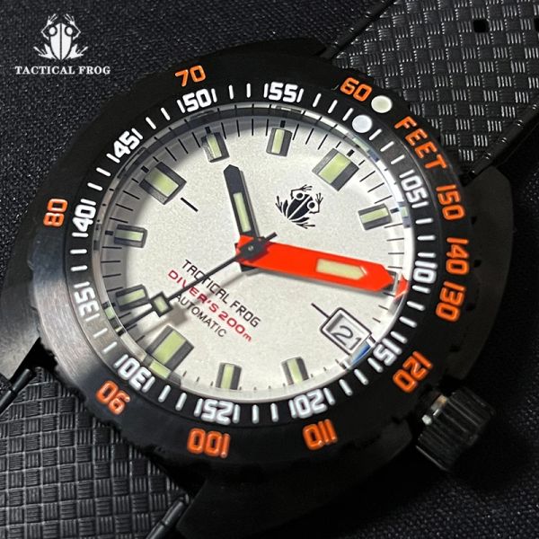 Regardez Tactical Frog Men's Diver Watch 44 mm Sapphire Black Pvd Cased Case NH35 Mouvement Mécanique montre la bracelet 20bar LUME