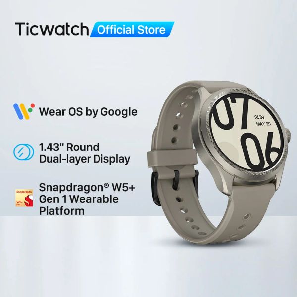 Montres Ticwatch Pro 5 Wear Os Smartwatch construit 100+ Modes de sport 5ATM WaterResistance Compass NFC et 80HRS Battery Life (Sandstone)