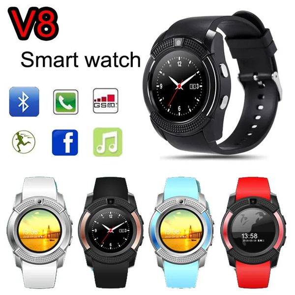 Relojes V8 Reloj inteligente Teléfono SIM Esfera redonda Bluetooth Pantalla Full HD con cámara de 0,3 M MTK6261D Reloj deportivo inteligente Reloj de pulsera portátil VS G