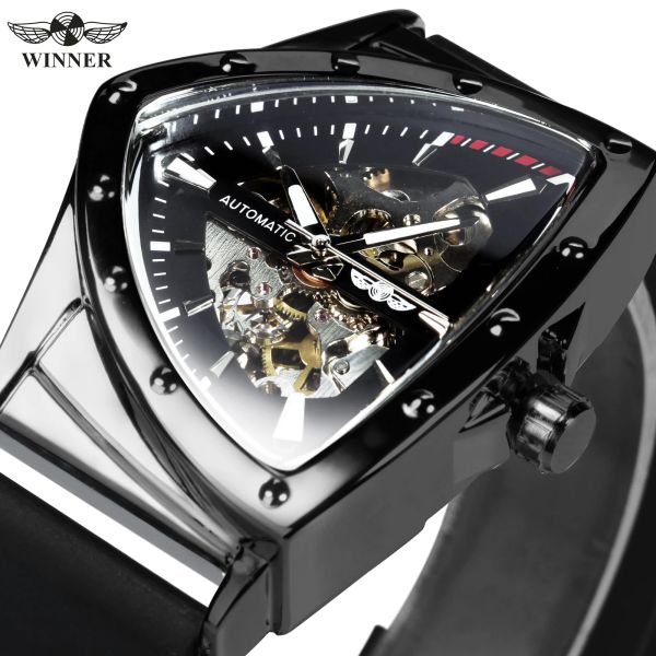 Regardez le gagnant de l'armée noire squelette montres pour hommes triangle de cadran irrégulier sport de sport en caoutchouc horloge mâle relogio masculino