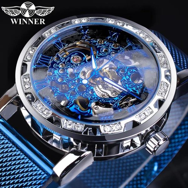 Montres Winner Fashion Diamond Display Men's Business Clock Blue Steel Mechanical Classic Royal Gear Mover Mouvement mécanique Squelette Watch