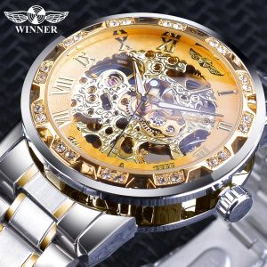 Montre le gagnant Golden Skeleton Watchs Luxury Diamond Design Silver en acier inoxydable Mécanique MECHEAL MECTIONNEMENT