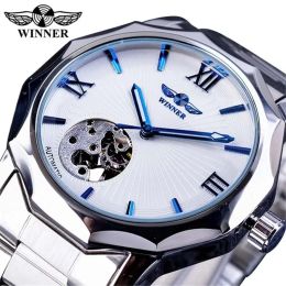 Horloges winnaar Watch Men Skeleton Heken mode zilver zakelijk roestvrij staal automatische mechanische polshorloges Relojes HOMBRE 2023