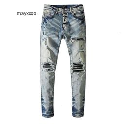 Water amiirii paarse jeans heren wassen mode Jean 2024 demin oude blauw koeiengat patch mager slanke elastische poten vwhq