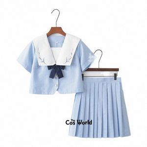 Eau Bleu Blanc Été Marine Sailor Costume Tops Jupes JK Lycée Uniforme Classe Uniforme Étudiants Tissu p5AP #