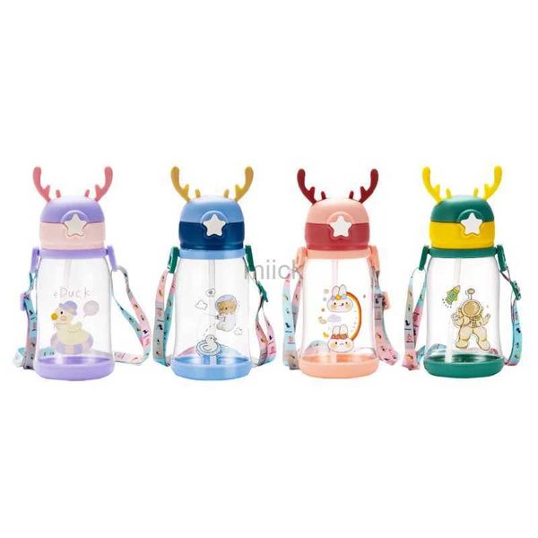 Garrafa de água 600ml chifre de cervo crianças garrafa de água dos desenhos animados grande capacidade plástico palha copo escola estudante kawaii menina crianças garrafa de água 240122