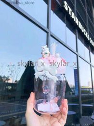 bouteille d'eau 600 ml rose sakura mignon chat starbucks paille tasses en verre de boisson froide tasse cadeau produit 274p l48