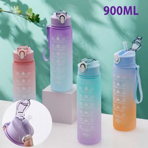 bouteille d'eau 900 ml bouteille d'eau bouteille d'eau de sport avec marqueur de temps pour femme grande capacité en plein air tasse en plastique fitness portable réutilisable P230324