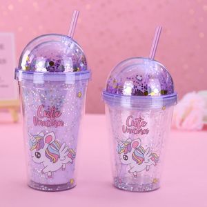 Waterfles Cup Eetbare Dubbellaags Plastic Mok Unicorn Squin Stars Cup Ins Creative Cartoon Juice Coffee Cup met deksel en stro Ljja3844