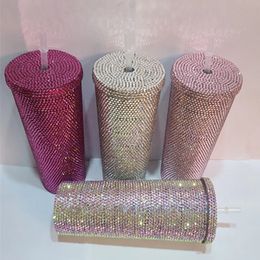 Bouteille d'eau Double couche en plastique voyage voiture tasse d'eau strass mousseux Sippy tasses boisson tasse à café tasse cadeau avec paille cu 240304