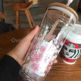 Bouteille d'eau Style japonais Starbucks Sakura en bois Couvroises de paille en verre 591 ml de fleur de cerisier Double couche Coffeey80yy80y249z L48