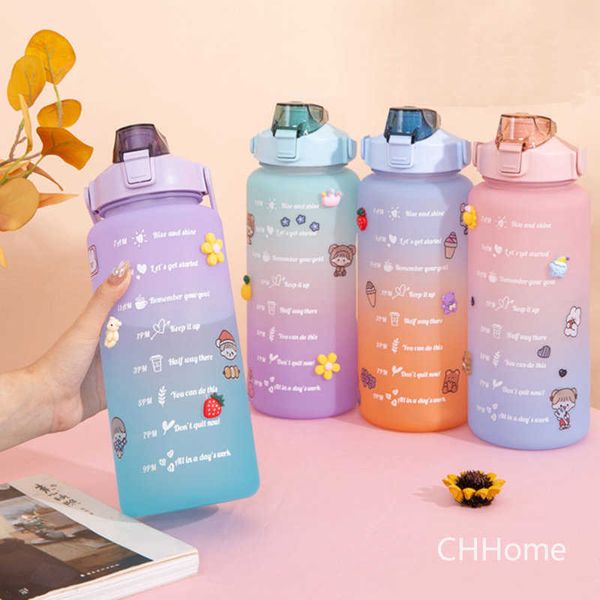 Bouteille d'eau Kawaii 2 litres Bouteille d'eau de motivation sportive avec marqueur de temps de paille Gobelets en plastique Verres Grande capacité Termos