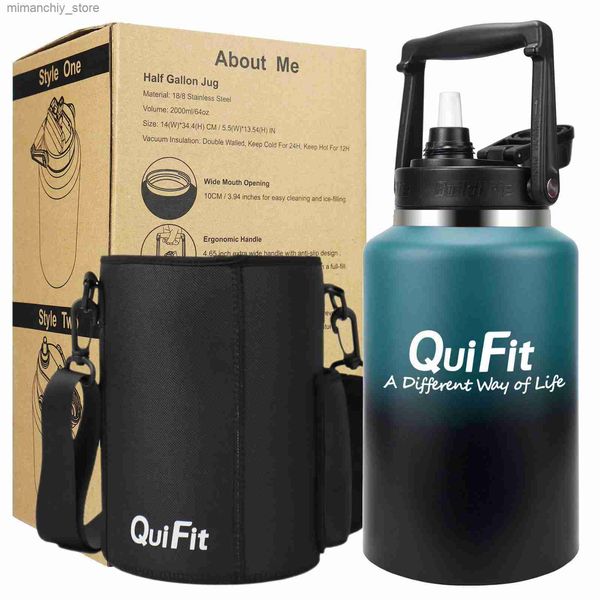 Botella de agua Quifit Stainss Steel Water Bott 2L 64Oz 3.8L 128oz con paja con aislamiento al vacío Doub Wall Thermo Mantenga líquidos calientes Q231123