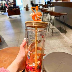 Waterbottel Starbucks Cup Midden Autumn Festival Leuk Rabbit Fox herfstbladeren dubbele glazen stro Cup grote capaciteit drinkbeker L48