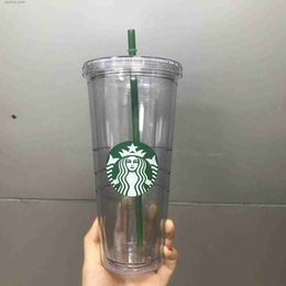 bouteille d'eau Starbucks Tasses 24oz 710 ml de tasses en plastique en plastique réutilisables Double-layer transparent café plat colonne de paille bdian tasse de lait de lait bj l48