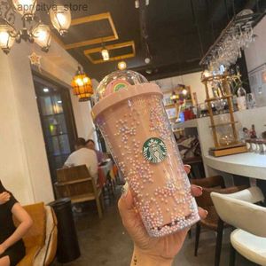 bouteille d'eau Starbucks Tumblers tasses arc-en-ciel mignon plastique double plastique avec des pailles