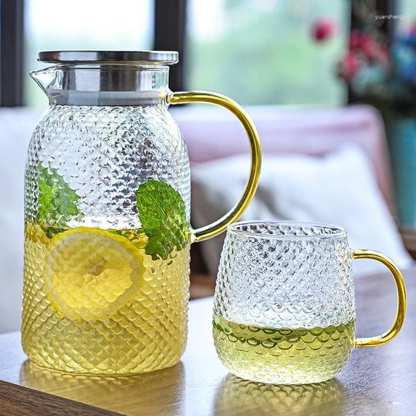 Botellas de agua 1.3L Olla de vidrio Tetera transparente resistente al calor Juego de té de flores Jarra fría para el hogar Contenedor de bebidas de jugo