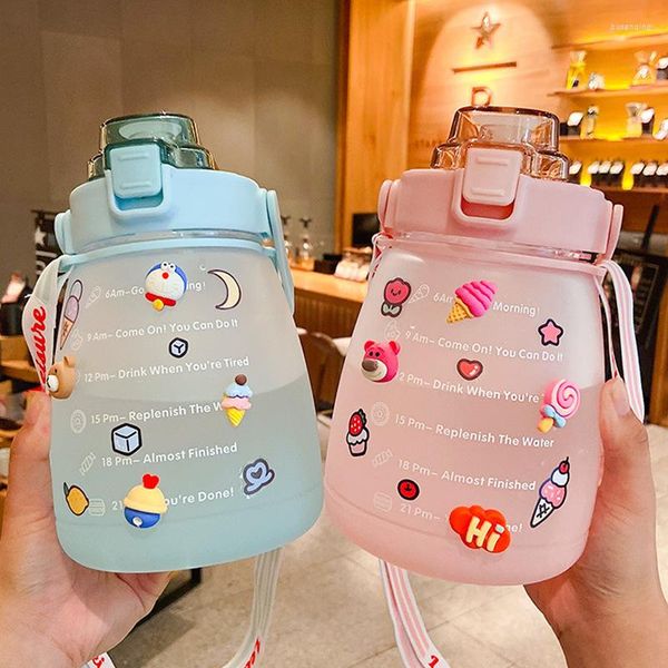 Bouteilles d'eau 1.4L grande capacité bouteille tasse de paille pour les filles mignon en plastique gros ventre couple étudiant