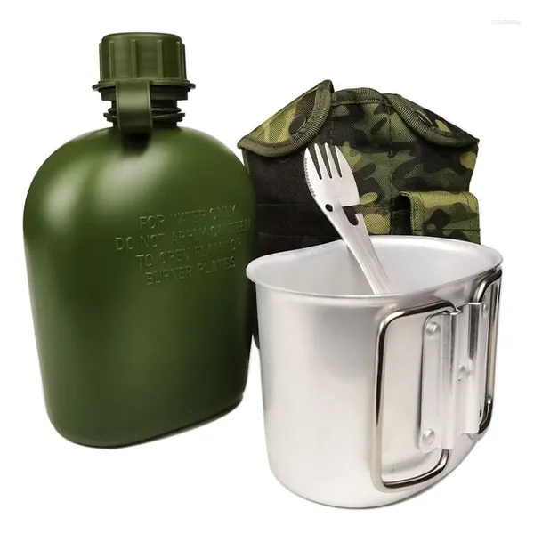 Bouteilles d'eau 1 l en plastique extérieur cantine militaire bouteille de camping randonnée randonnée de sac à dos bouilloire en acier inoxydable cuillère