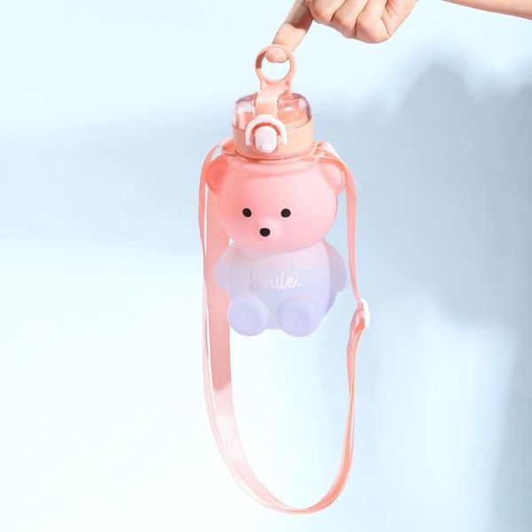 Bouteilles d'eau 1 litre bouteille pour enfants gobelet avec paille tasse tasse ours kawaii été sport de plein air en plastique filles école mignon boire