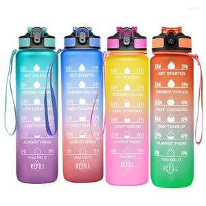 Waterflessen 1 liter fles met stro plastic matte beker tijd marker voor meisjes kawaii draagbare reizen outdoor sport fitness cups