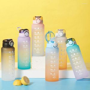 Bouteilles d'eau 1 litre bouteille avec échelle de temps fitness sport extérieur paille gistée fuite de motivation à la motivation tasse 306w