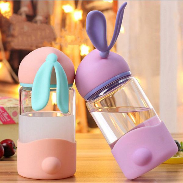 Bouteilles d'eau 1 PCS mignon bouteille d'eau dessin animé lapin verre avec manchon en silicone pour enfants étudiants filles Portable boisson bouteille de thé 230629