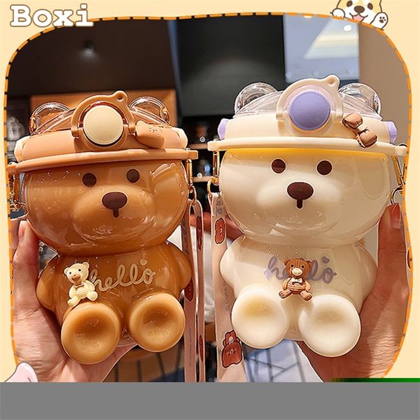 Botellas de agua 1000 ml Kawaii Bear Kids Botella de agua de paja para niñas Correa portátil Botellas de plástico grandes BPA Escuela libre Taza de agua potable 220919