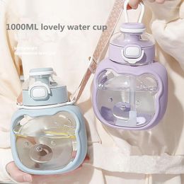 Bouteilles d'eau 1000ml bouteille pour enfant grande capacité kawaii tasse en plastique avec paille portable enfants école sports de plein air voyage