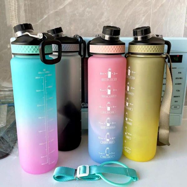 Botellas de agua Botella de bebida de 1000 ml Color degradado Mango para beber Fitness Jarra deportiva
