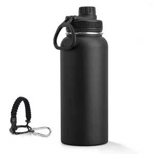 Waterflessen 1000 ml roestvrijstalen vacuüm geïsoleerde bidon met lekvrij reisdeksel met paracord overlevingshandvat 32 Oz