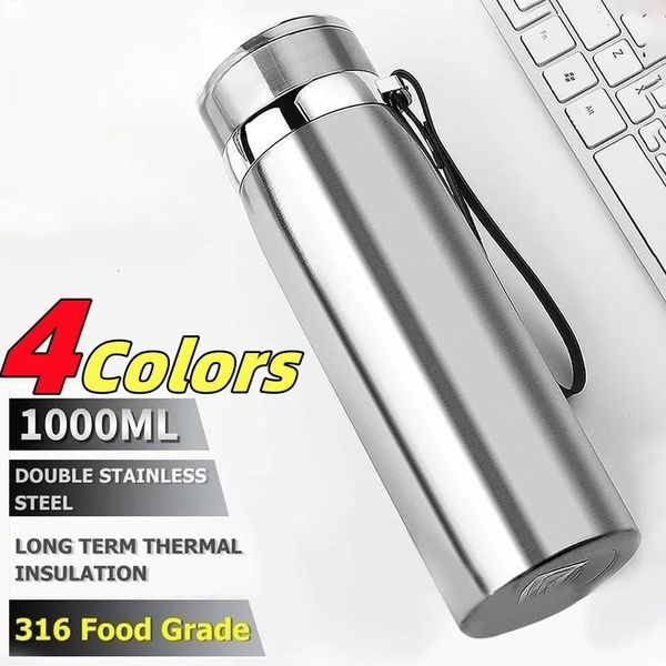 Garrafas de água 1000ml garrafa térmica garrafa térmica vácuo duplo aço inoxidável café chá isolado copo à prova de vazamento para escritório 231123