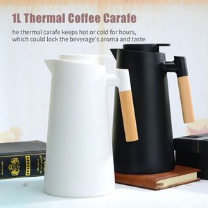 Waterflessen 1000 ml thermische koffiekaraafisolatie Kettel met houten handgreep dubbele ommuur vacuüm koude thermosmos pot theepot waterfles 230320