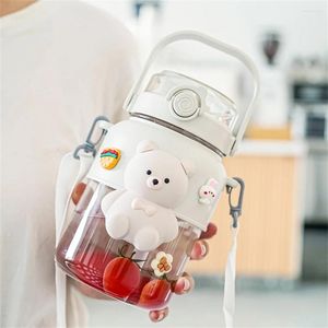 Bouteilles d'eau de 1100ml, tasse en paille d'ours Kawaii, verres résistants aux chutes de haute valeur, portables pour l'extérieur pour les étudiants