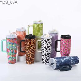 Waterflessen 1200ML 40oz Tumbler met handvat Gepersonaliseerde op maat gegraveerde waterbeker met rietje Reisdrinkgerei Bloem Bandhnu Leopard YQ240221