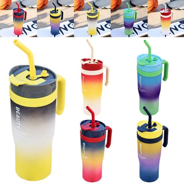 Bouteilles d'eau 1200ml bouteille de sport avec poignée paille couleur éblouissante portable étanche pour porte-gobelet de voiture